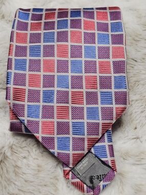 Altea Milano Italy‎ Silk Tie Pink Blue Geometric Check Luxury Necktie
